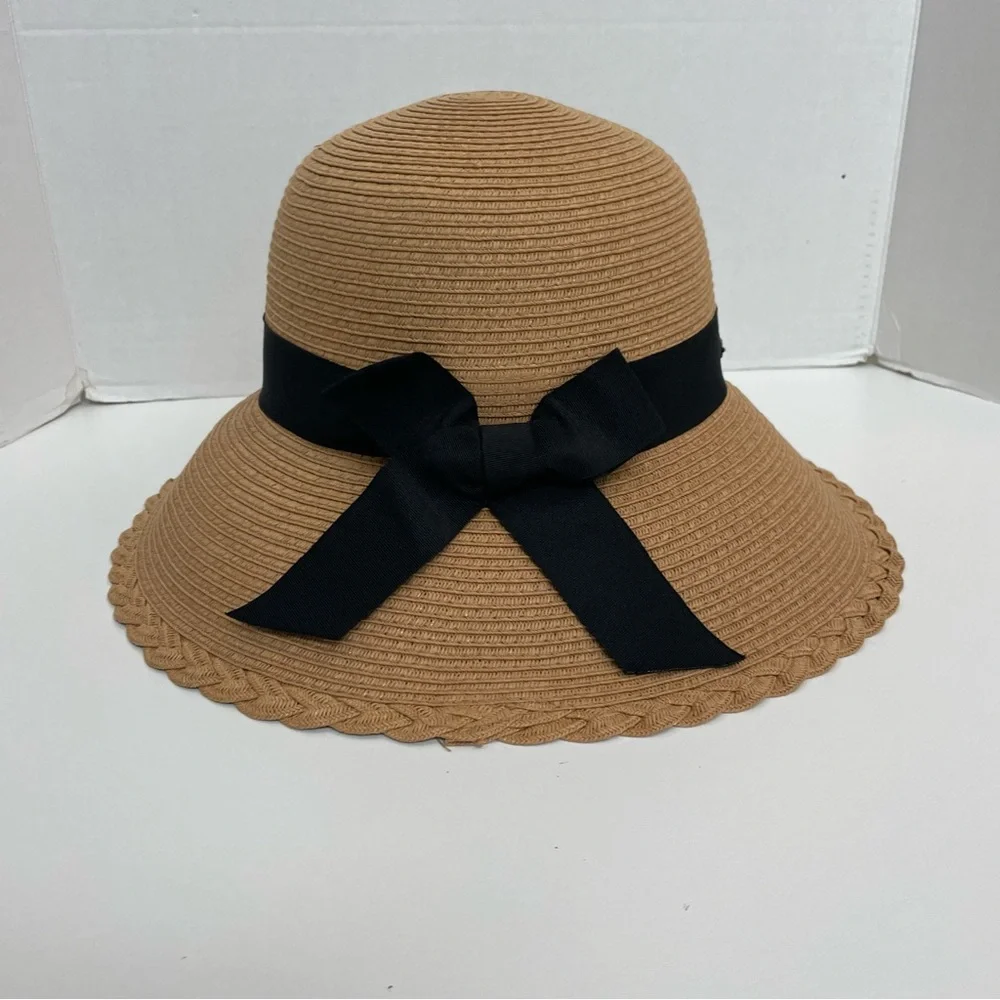 Sun N’ Sand Headwear Hat Bucket Braided Adjustable Tan Black UPF 50 Beach Travel
